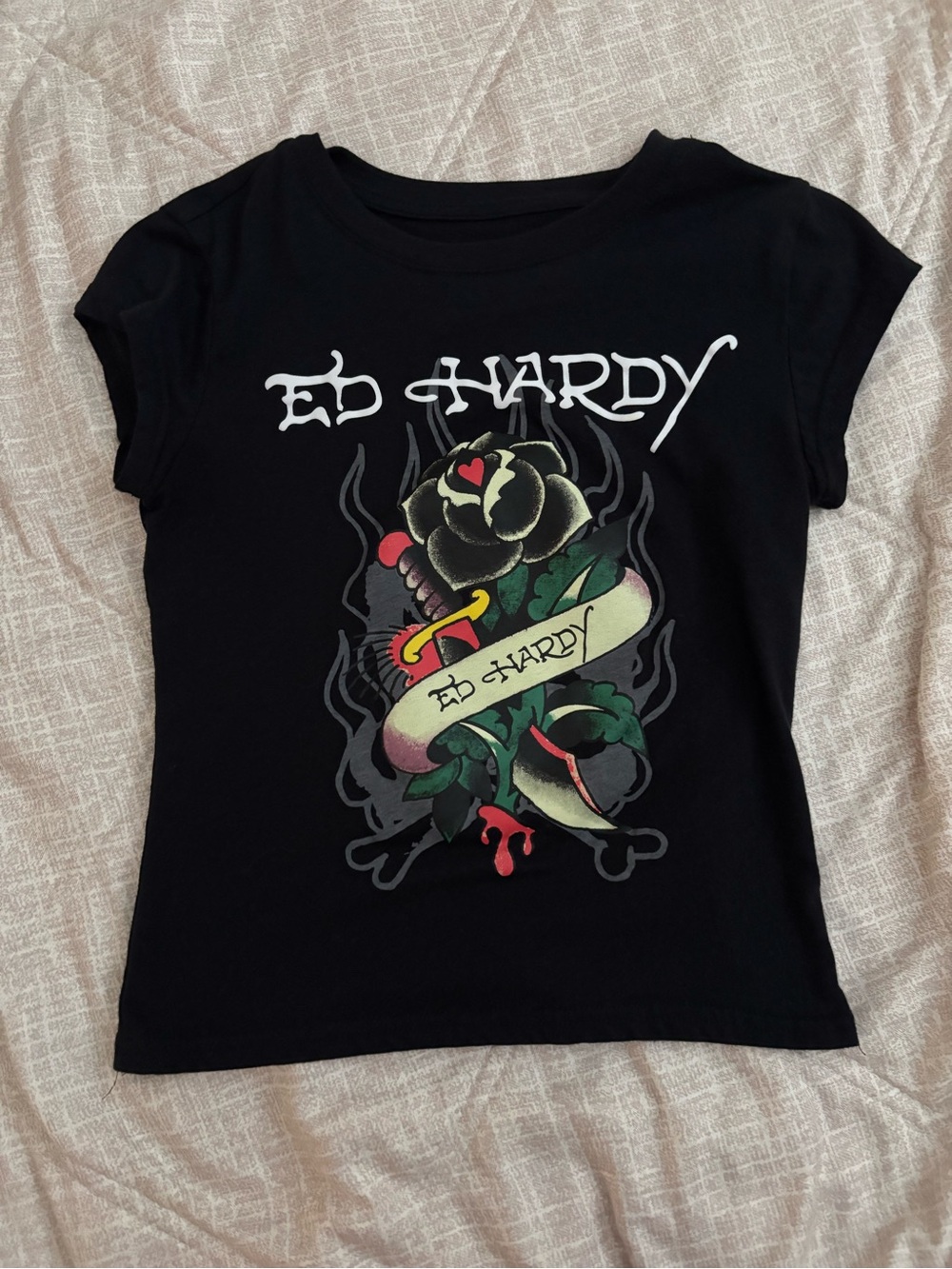 Ed Hardy Black Short Sleeve Tee with Colorful Dagger Rose Graphic